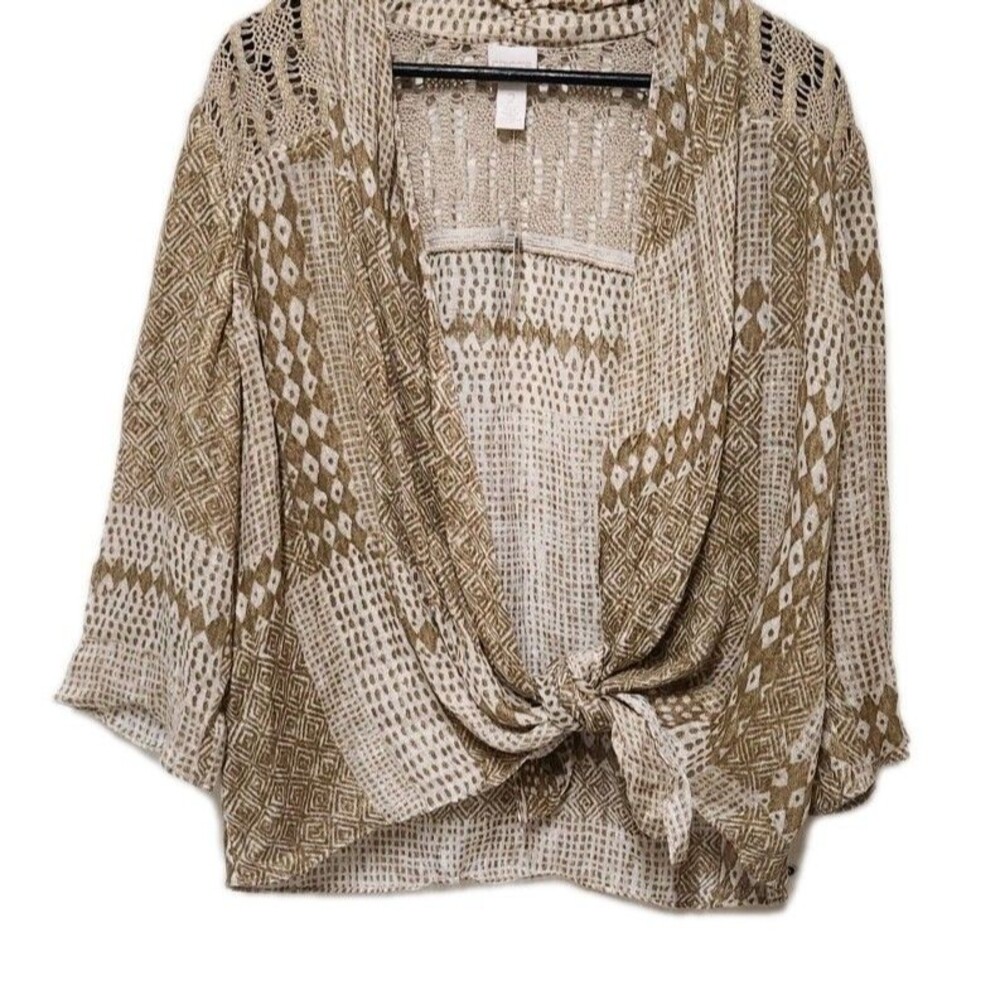 Chicos Linen Cardigan Sweater Womens 2 US L Tan Gold Mixed Media Open Front